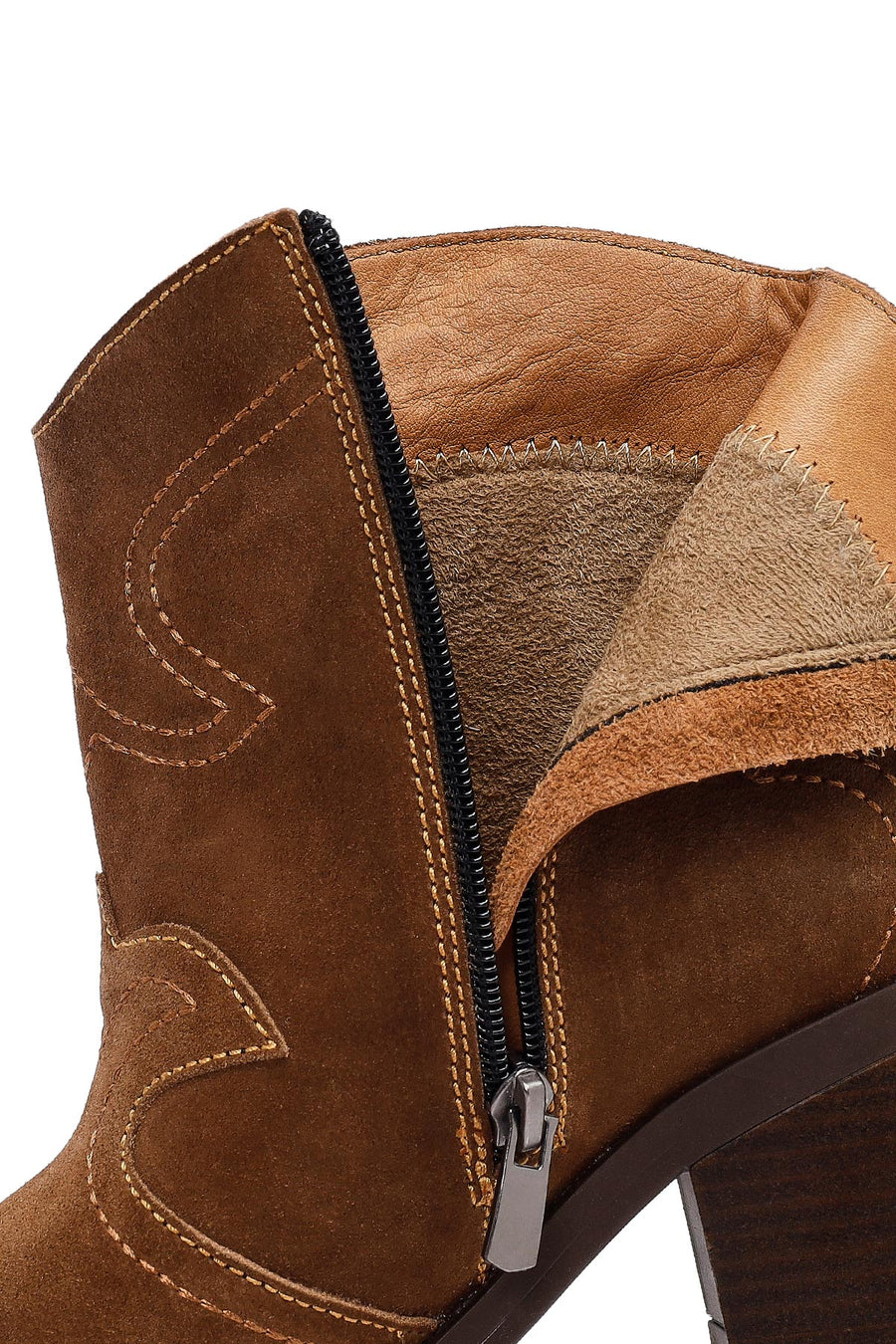 Woman Tan Suede Chunky Heel Leather Cowboy Boots