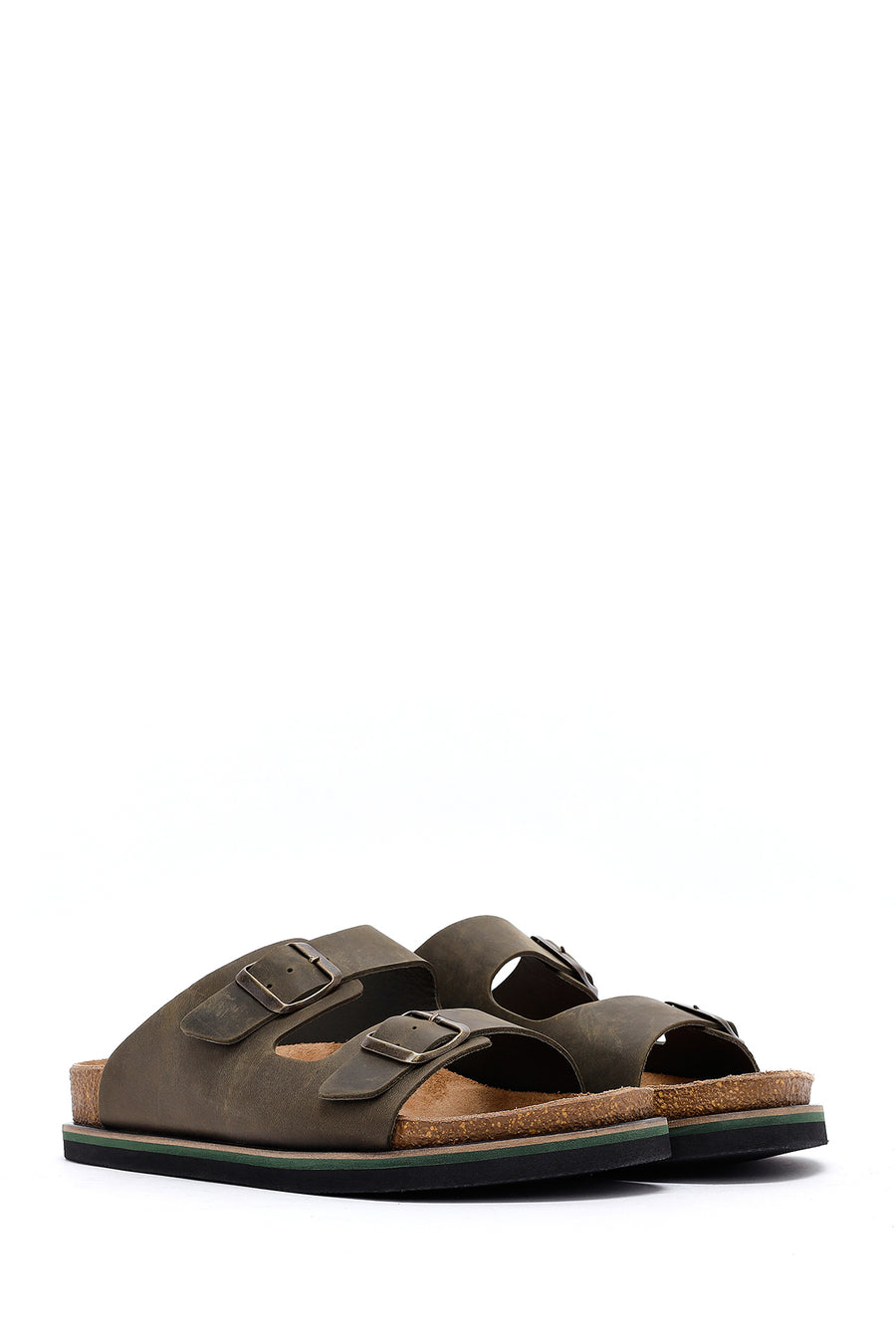 Men's Khaki Double Buckle Nubuck Leather Slippers