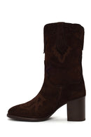 Woman Brown Thick-Heeled Patterned Suede Cowboy Boots | Derimod