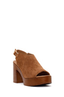 Women's Tan Ankle Buckle Platform High Heel Suede Leather Sandals | Derimod