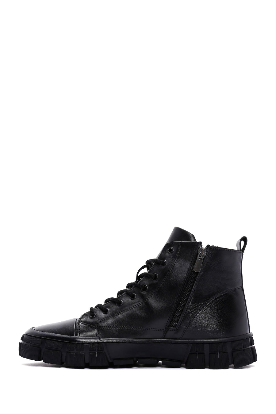 Men's Black Lace-Up Zippered Leather Boots