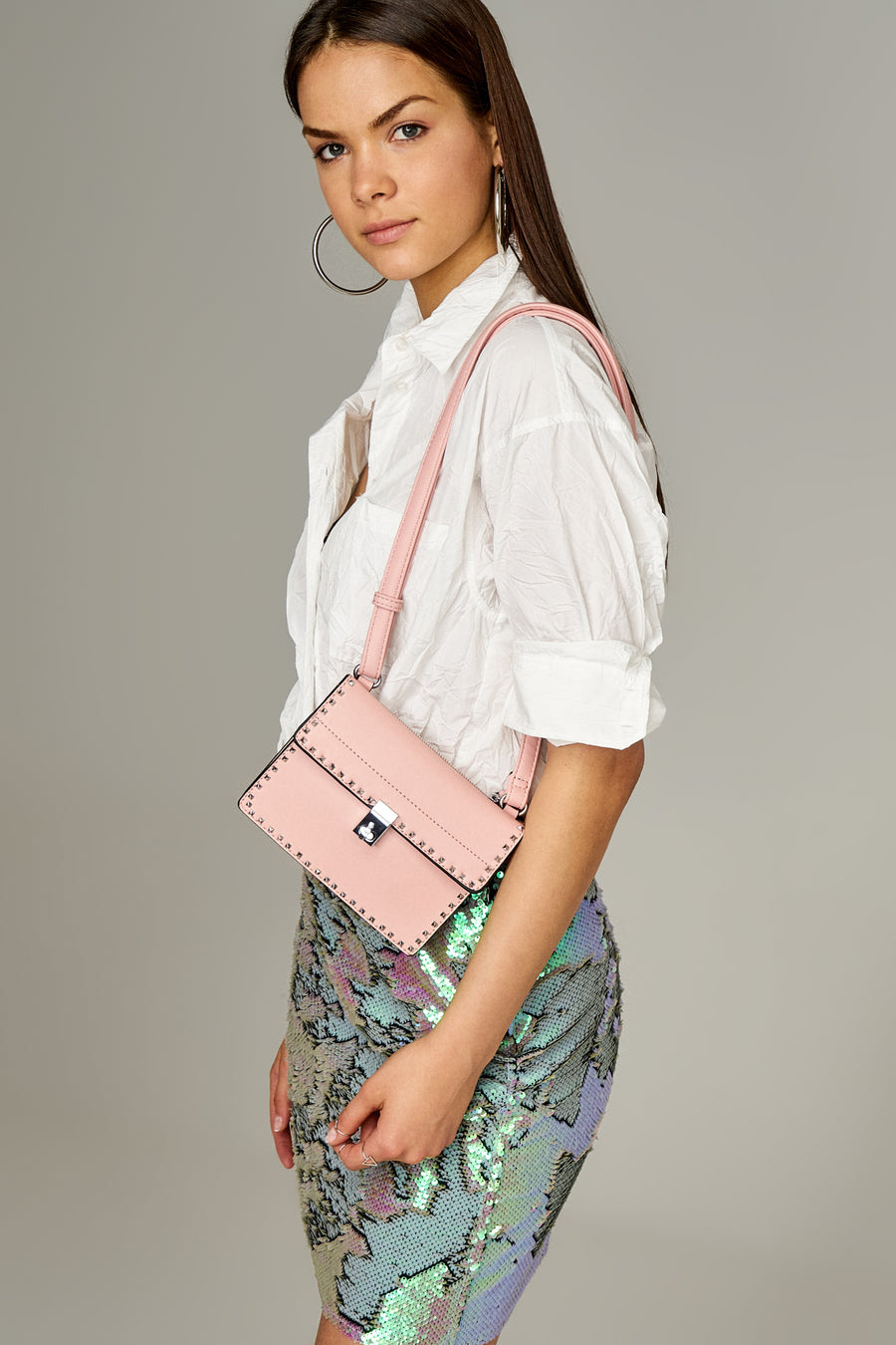 Pink Women's Crossbody Bag with Staple Detail