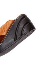 Women's Tan Leather Wedge Heeled Comfort Slippers | Derimod