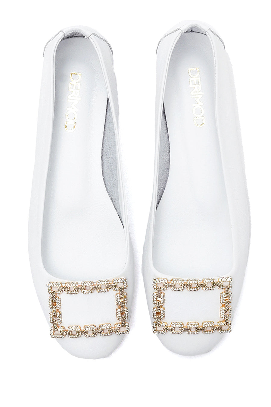 Women's White Leather Ballerinas with Stone Buckle