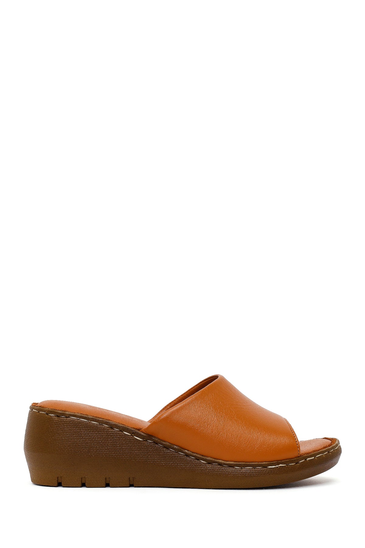 Woman Tan Wedge Heel Leather Comfort Slipper 26SFD321518 | Derimod
