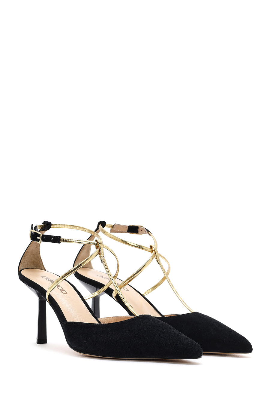Women's Black Ankle Strap Thin Heel Suede Leather Shoes
