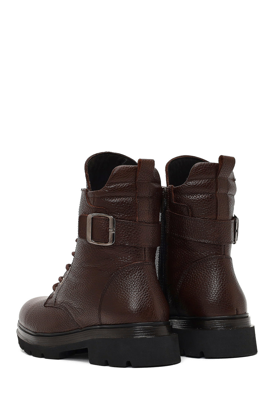 Women's Brown Lace-Up Zipper Leather Ankle Boots