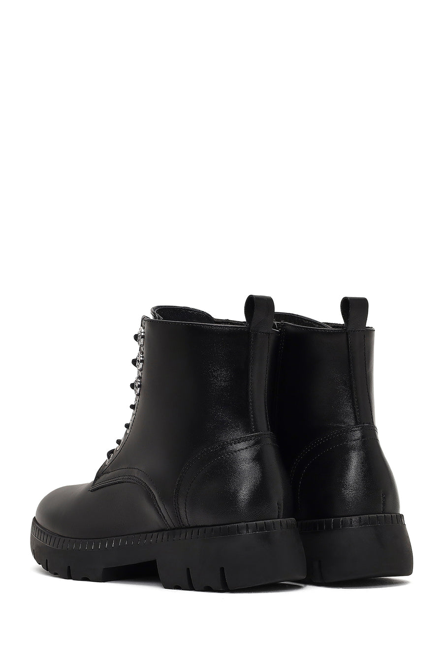 Woman Black Zip Closure Thick-Soled Leather Combat Boots