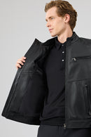 Tony Men's Black Mandarin Collar Short Leather Jacket | Derimod