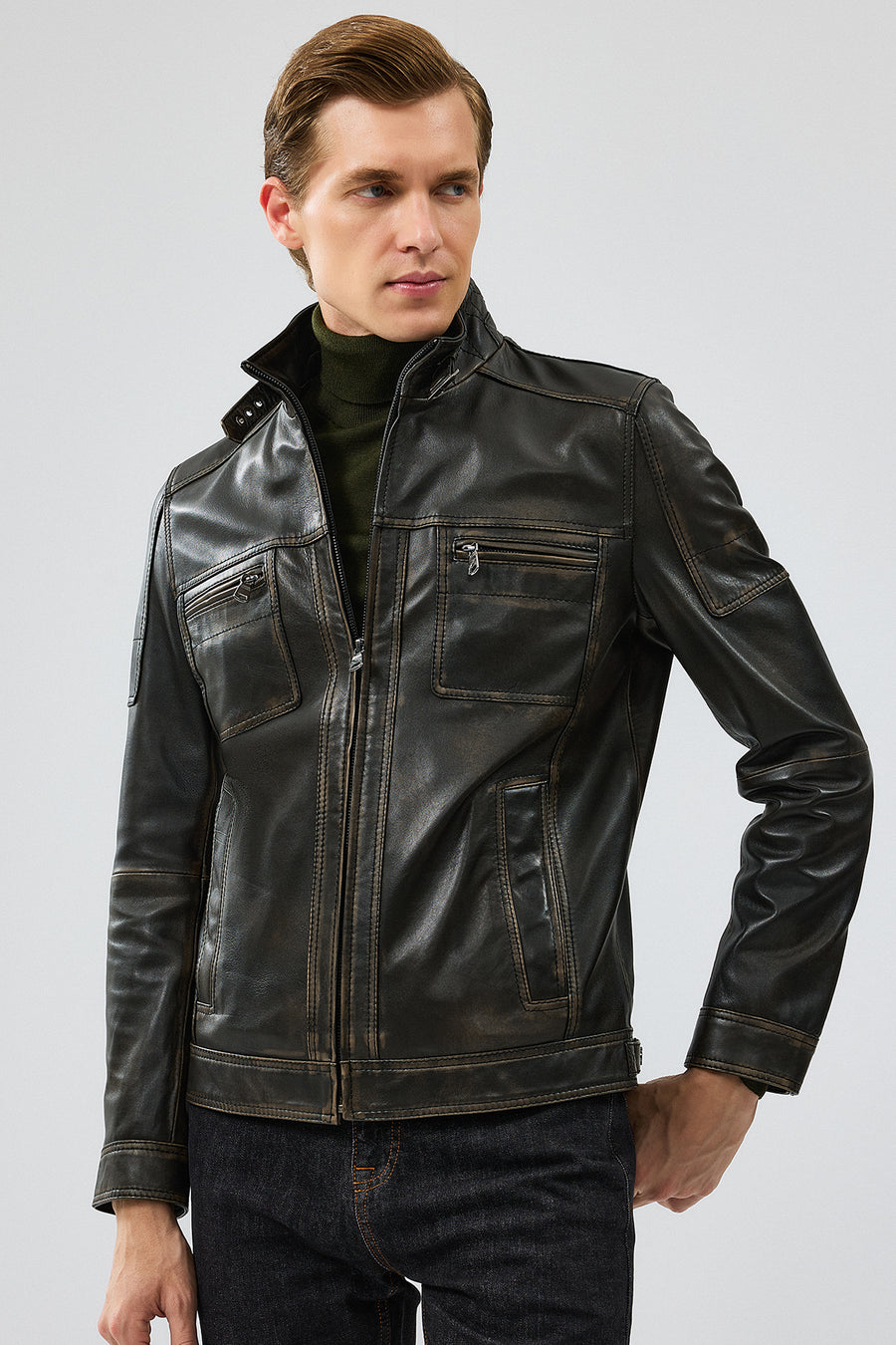 Wade Erkek Yeşil Slim-Fit Deri Mont