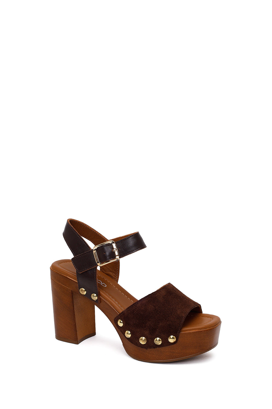 Woman Brown Ankle Buckle Platform High Chunky Heeled Suede Sandal