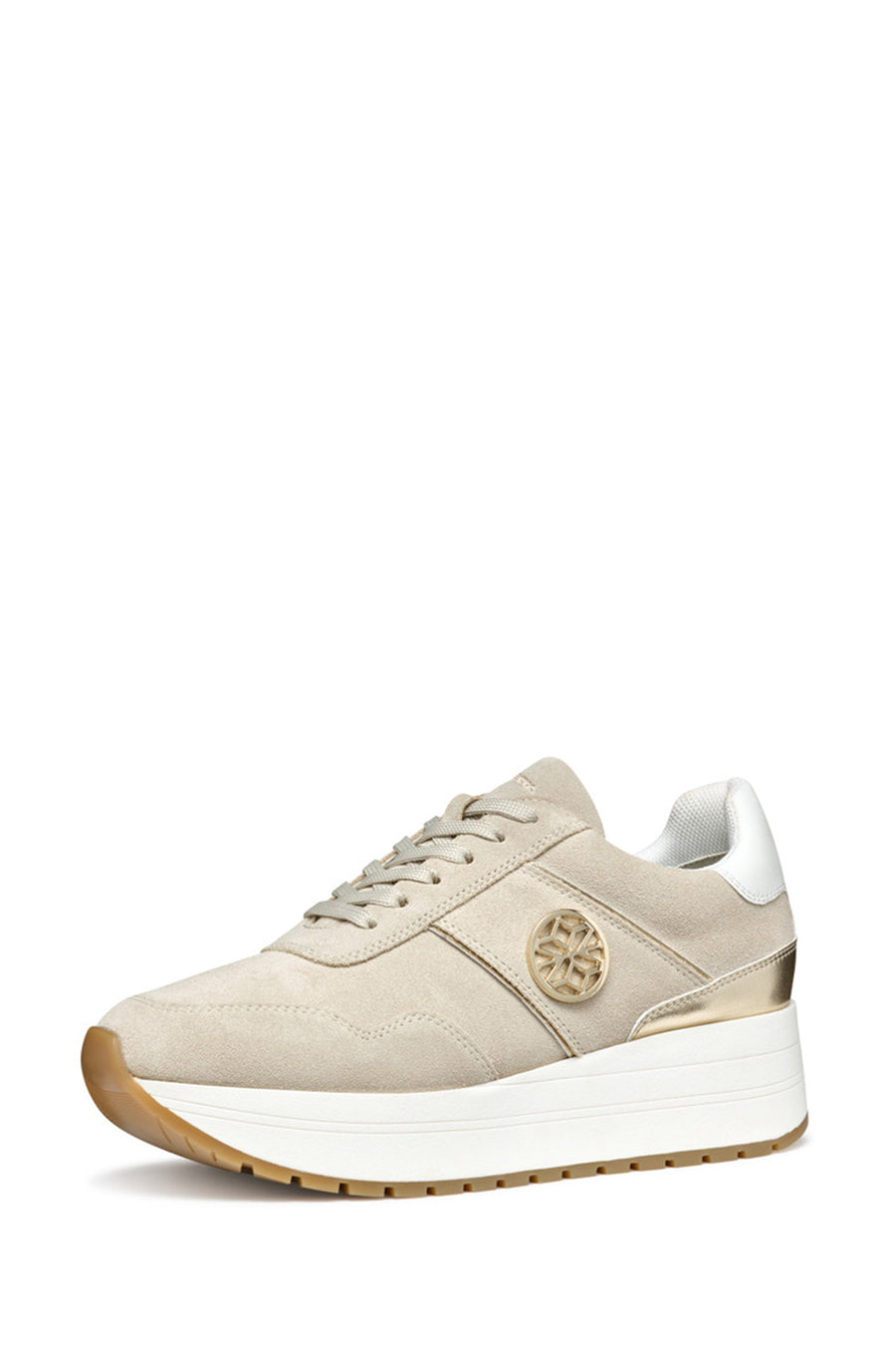 Geox Women Beige Low-Top Lace-Up Thick Sole Suede Leather Sneaker