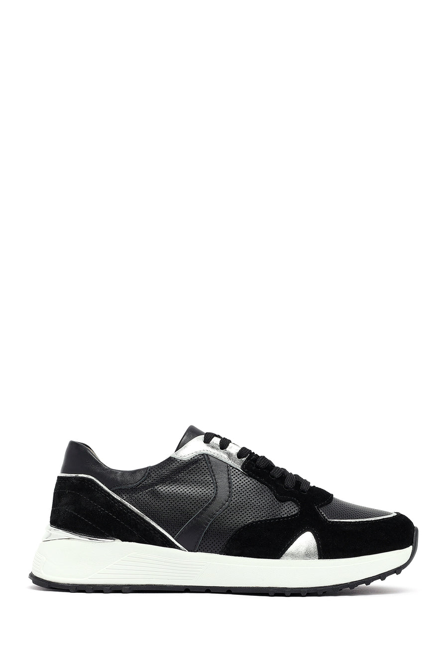 Woman Black Lace-Up Thick Sole Leather Sneakers 25AFD370714 | Derimod
