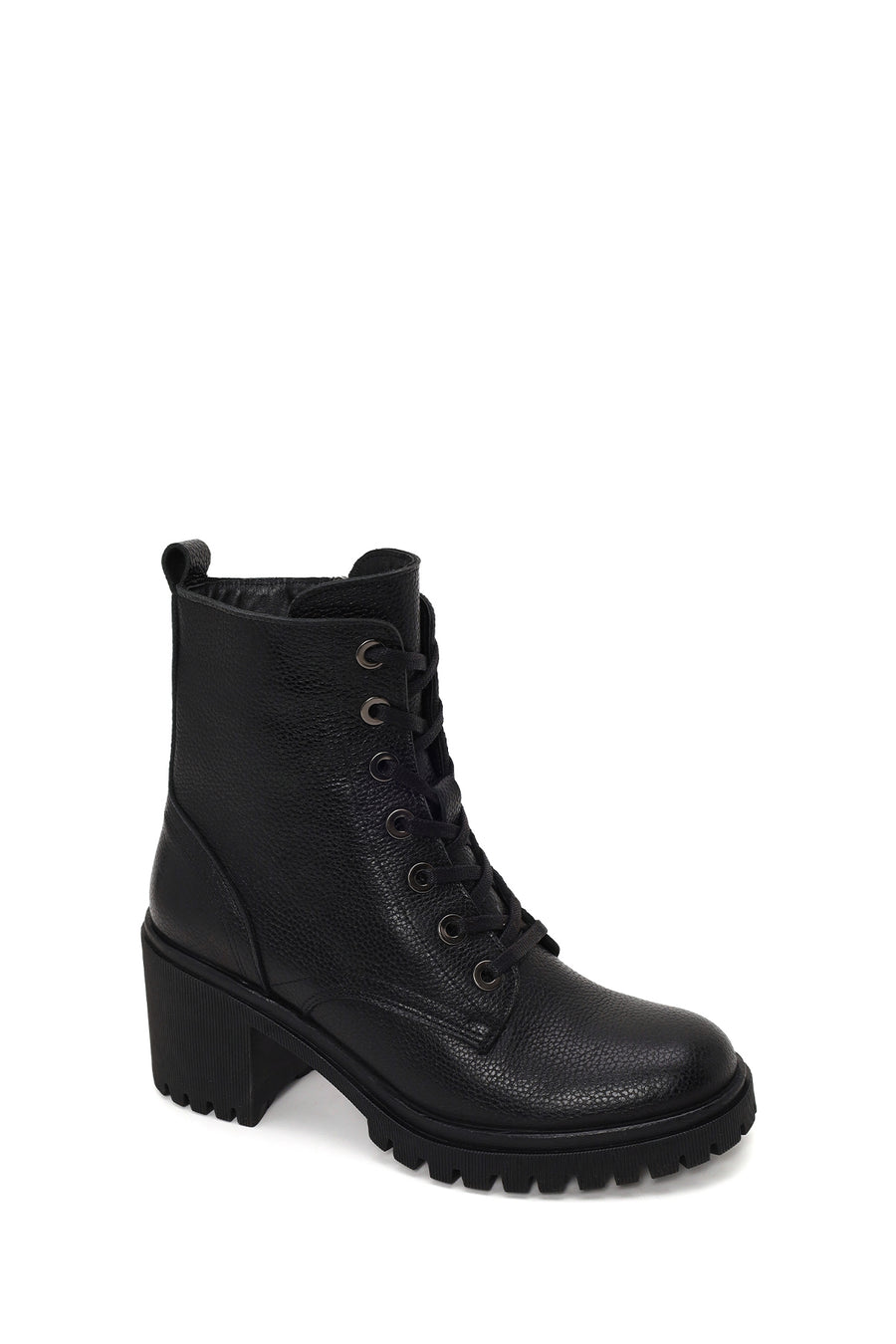 Woman Black Zip Closure Chunky Heeled Leather Combat Boots