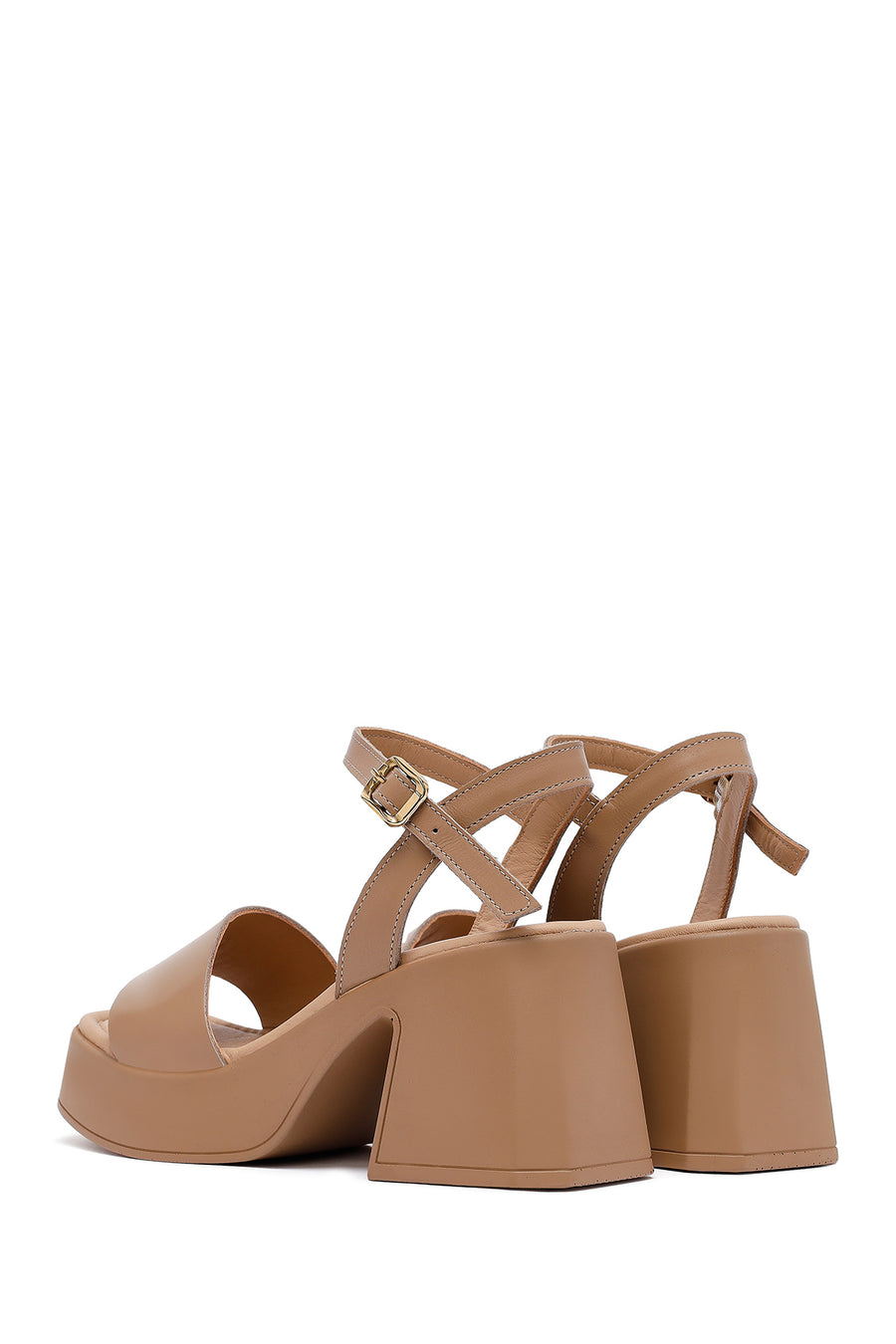Women's Beige Ankle Buckle Chunky Heel Platform Leather Sandals