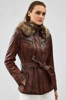 Rebecca Women's Brown Hooded Furry Leather Jacket | Derimod