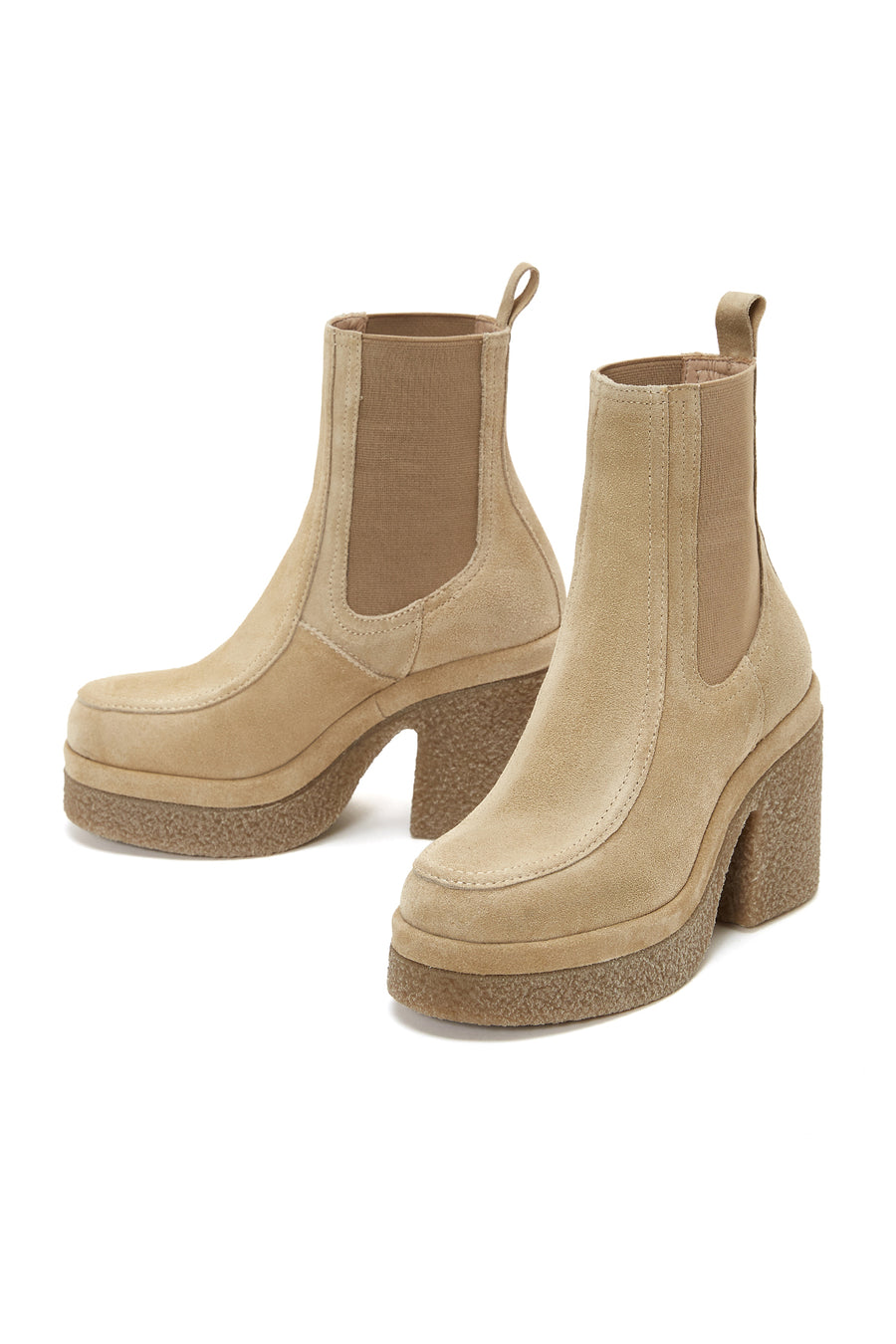 Women's Beige Thick Heeled Suede Leather Chelsea Boots