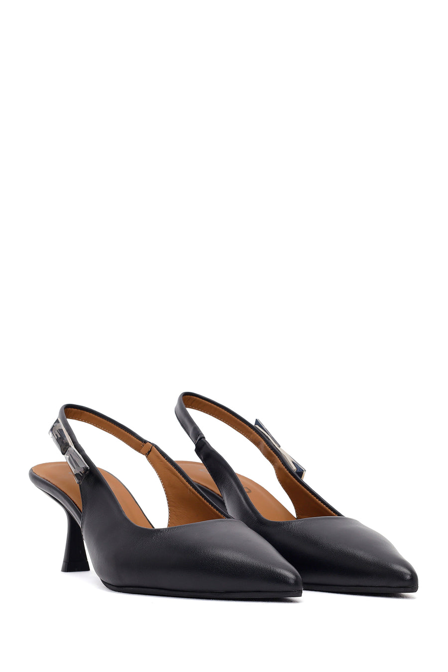 Woman Black Open-Back Heeled Leather Shoes