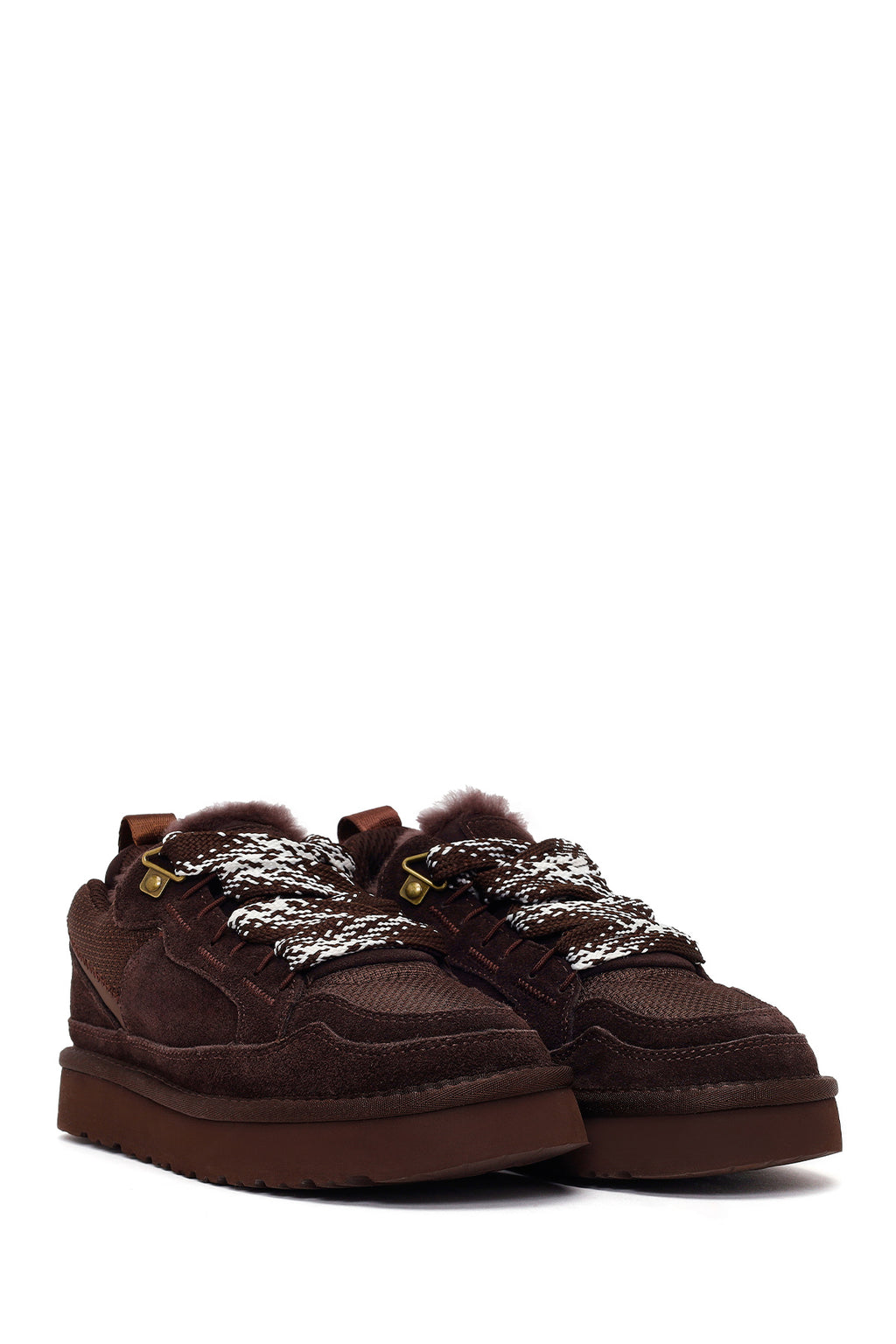 Kadın Kahverengi Bağcıklı Kalın Tabanlı Tüylü Süet Deri Teddy Sneaker
