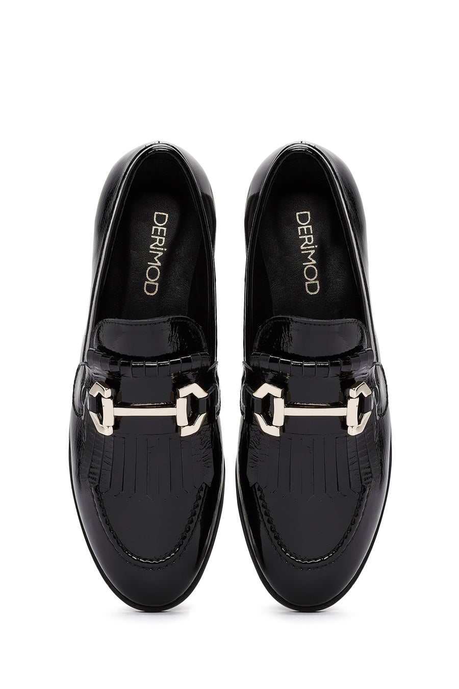 Women's Black Buckle Detailed Patent Leather Masculine Loafer