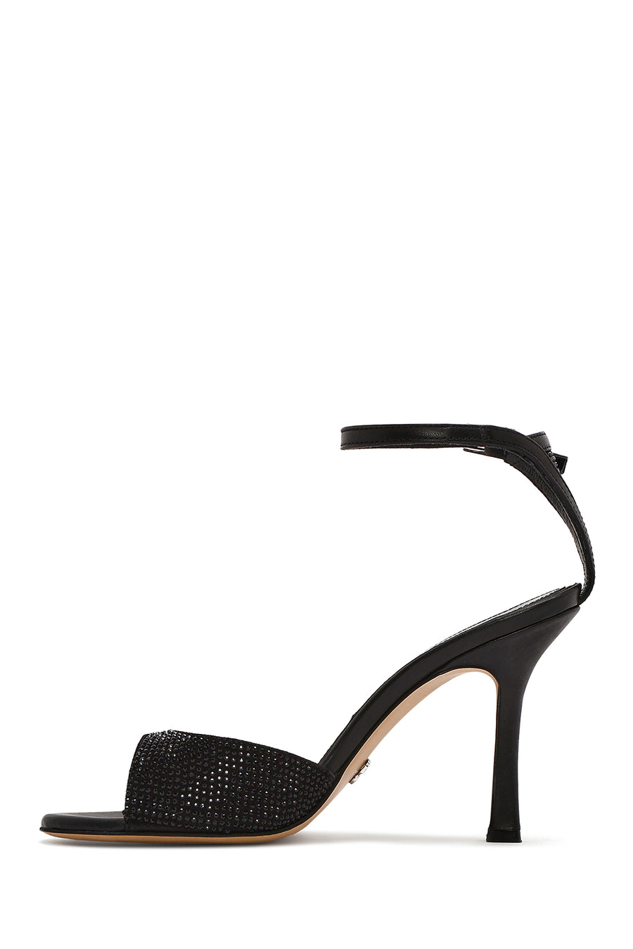 Women's Black Ankle Strap Stoned Leather Thin High Heel Shoes