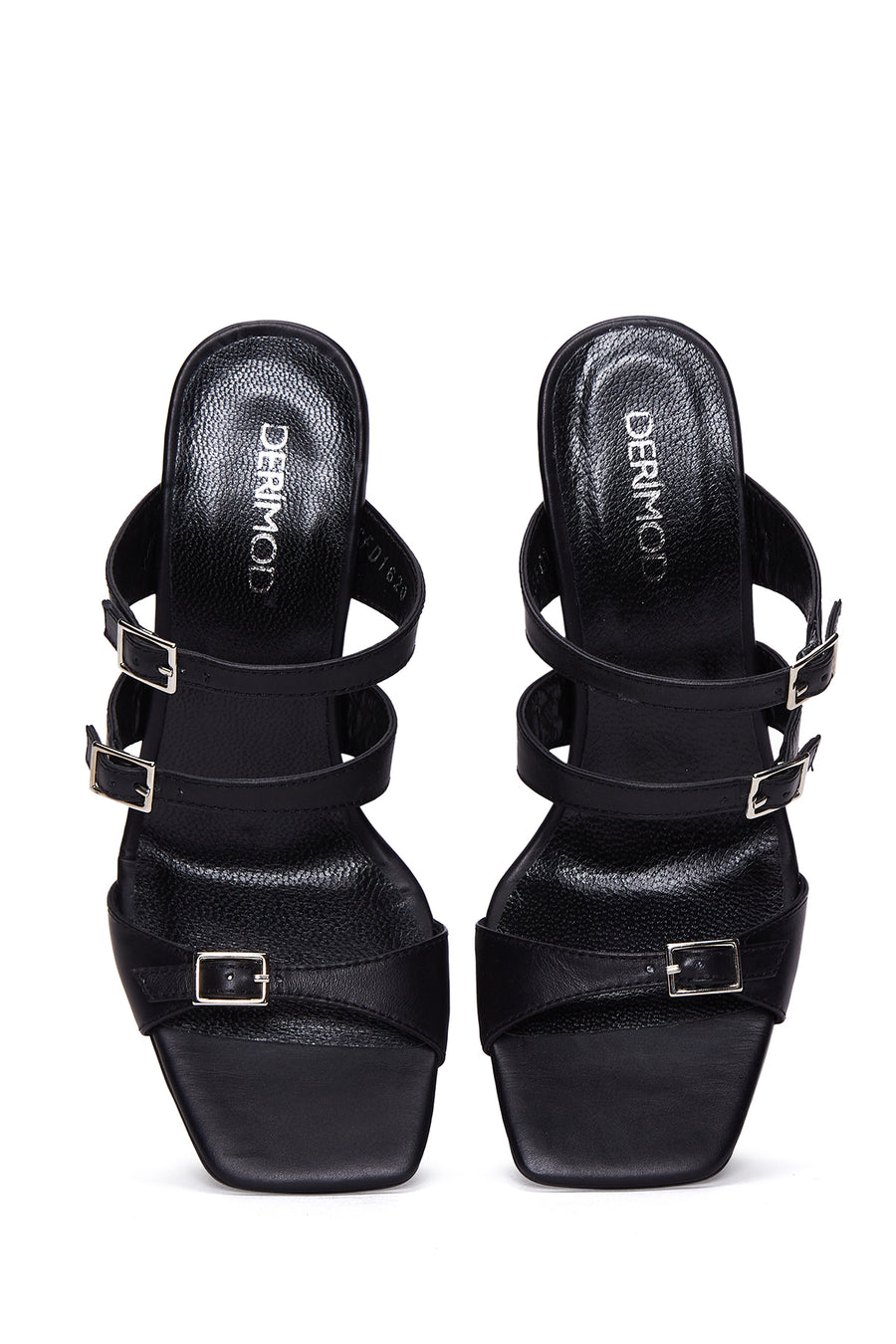Women's Black Leather Heeled Slippers