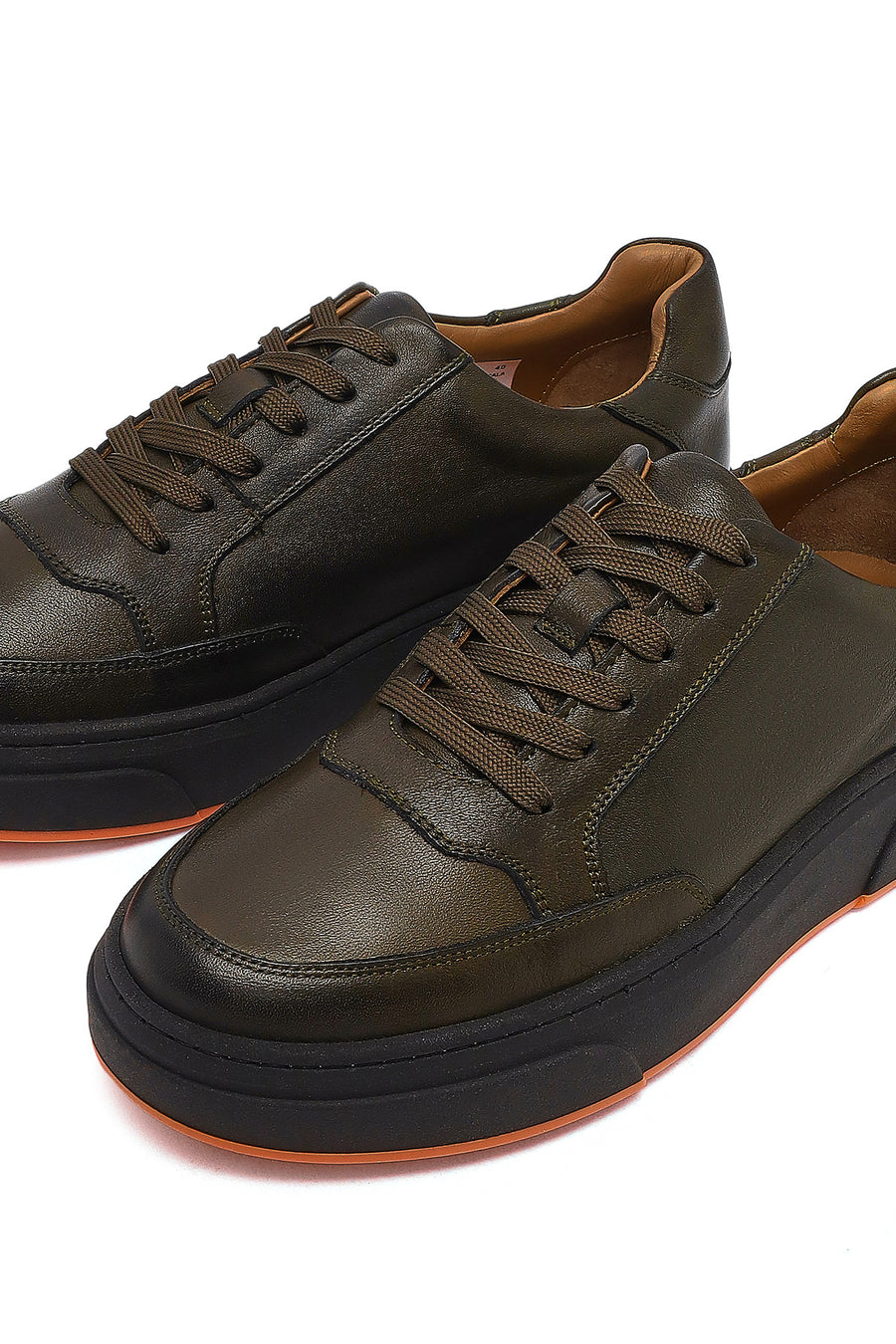 Erkek Haki Bağcıklı Deri Sneaker