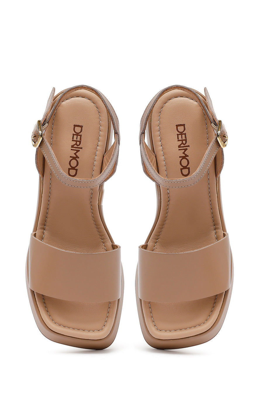 Women's Beige Ankle Buckle Chunky Heel Platform Leather Sandals
