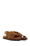 Woman Tan Patterned Suede Leather Sandals | Derimod