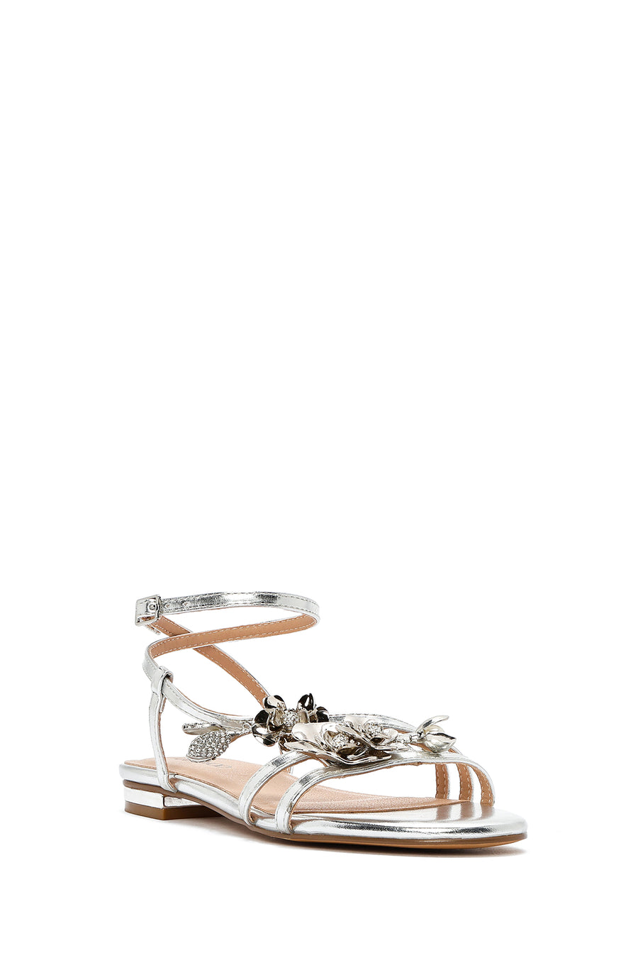 Women's Silver Ankle Buckle Stoned Metallic Sandals