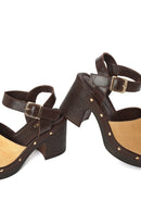 Woman Beige Ankle-Strap Buckled Thick-Heeled Suede Leather Sandals | Derimod