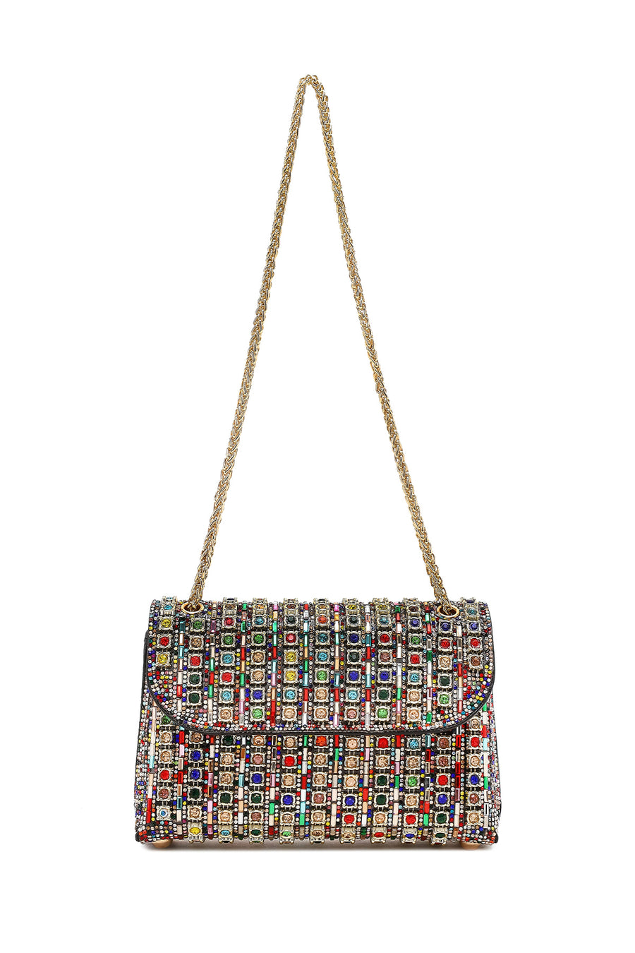 Woman Multicolored Long Chain Strap Rhinestone Evening Shoulder Bag