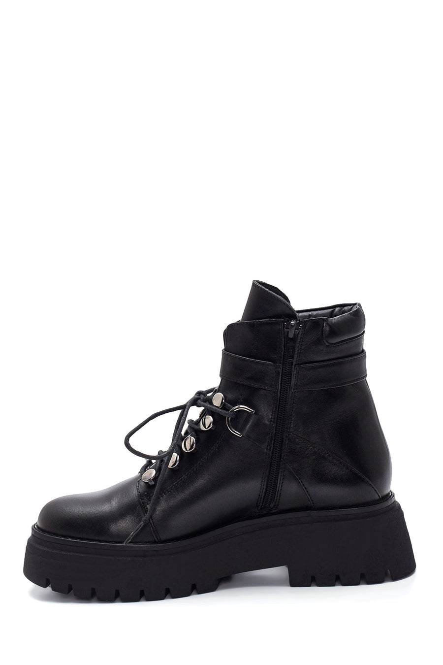 Women's Black Leather Buckle Thick Soled Boots