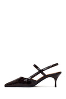Woman Brown Open-Back Thin-Heeled Croc-Embossed Leather Shoes | Derimod