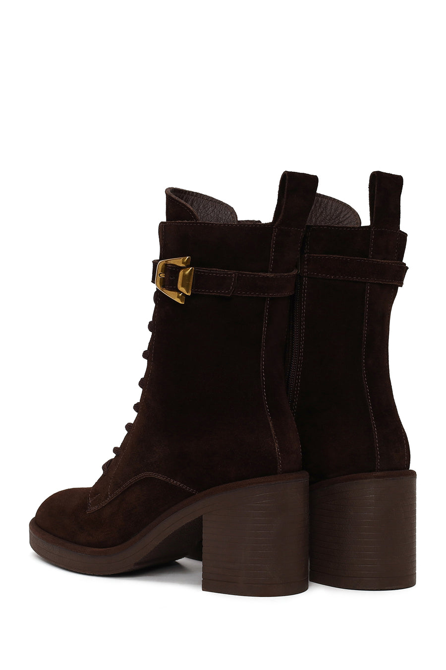 Woman Brown Zip Closure Chunky Heeled Suede Combat Boots