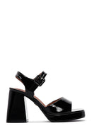 Women's Black Patent Leather Thick Heeled Sandals | Derimod