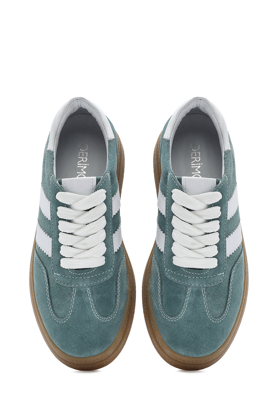 Women's Green Lace-Up Chunky Sole Suede Leather Sneakers
