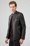 Leonard Men's Brown Vintage Slim-Fit Leather Jacket | Derimod