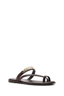 Women's Brown Stoned Flip-Flop Leather Slippers | Derimod
