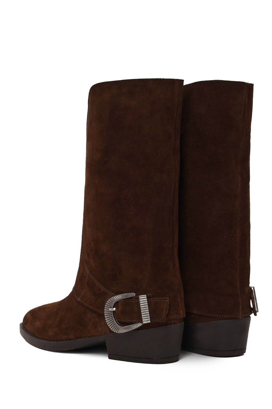 Woman Brown Buckled Short Thick-Heeled Suede Boots