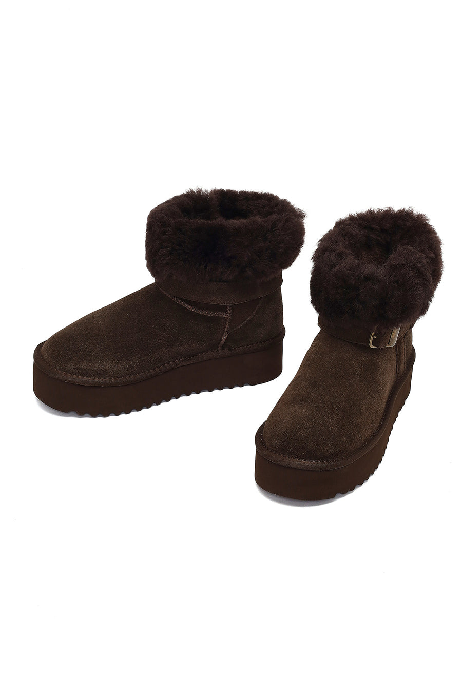 Woman Brown Thick-Soled Fur-Detail Suede Teddy Boots