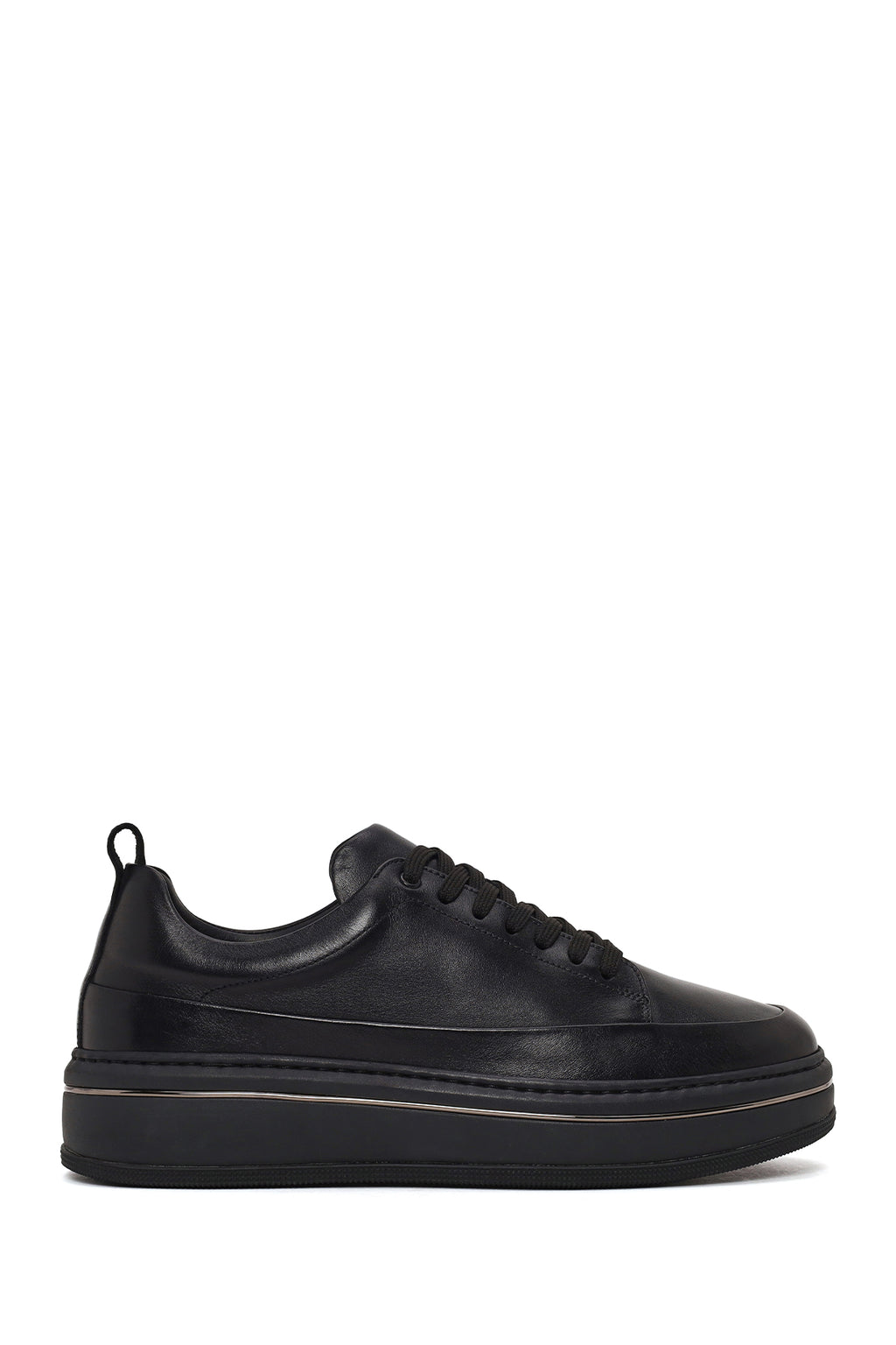 Erkek Siyah Bağcıklı Kalın Tabanlı Deri Sneaker