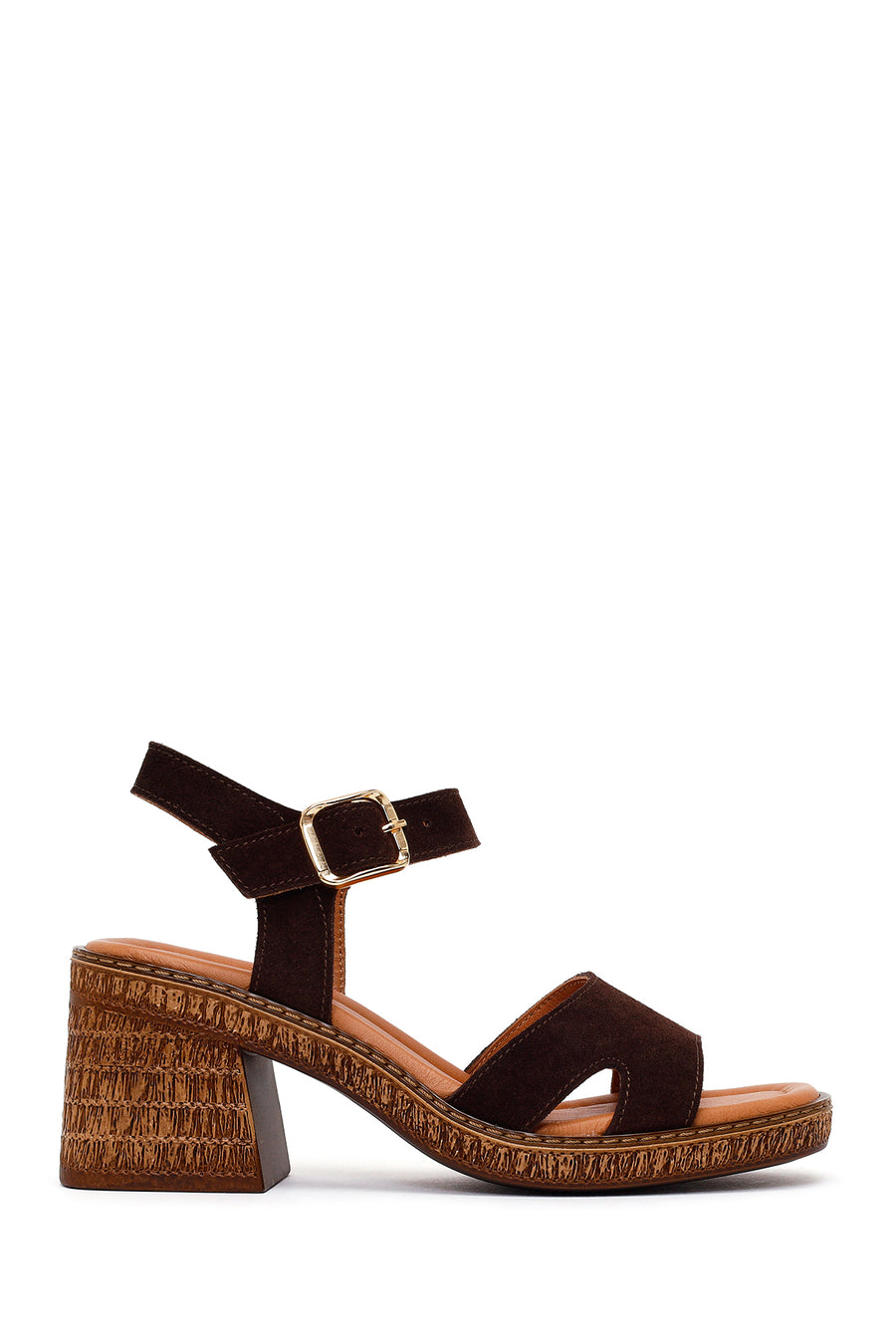 Woman Brown Ankle-Buckle Chunky-Heel Suede Leather Sandals 26SFD362210 | Derimod