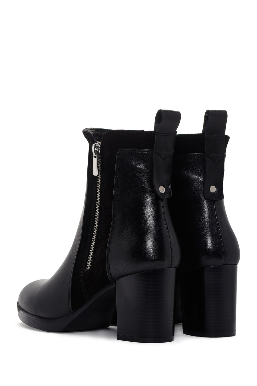 Women's Black Thick Heeled Zippered Leather Boots