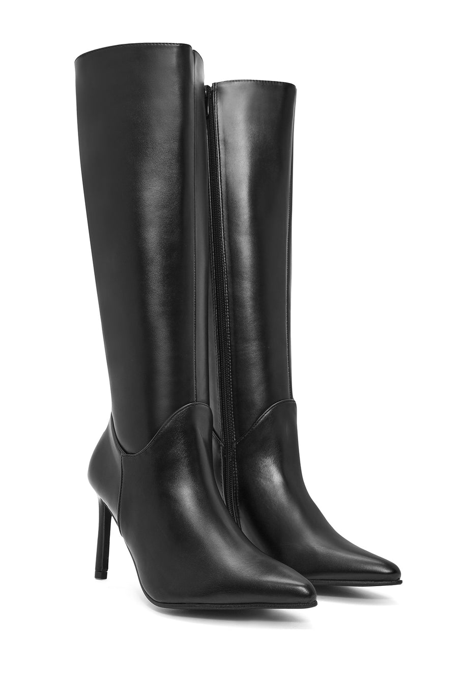 Woman Black Zippered Thin Heeled Boots