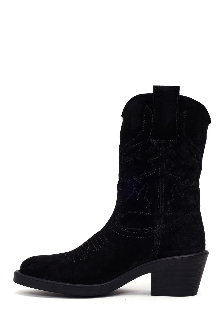 Woman Black Short Chunky-Heel Suede Cowboy Boots