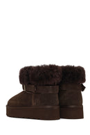 Woman Brown Thick-Soled Fur-Detail Suede Teddy Boots | Derimod