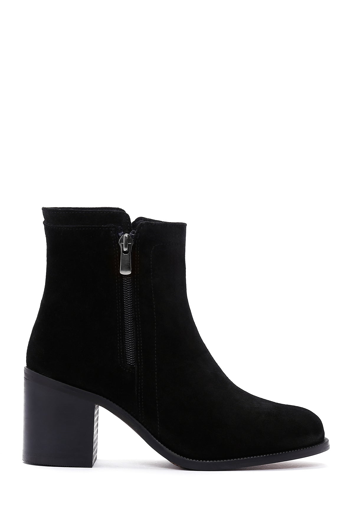 Women's Black Zippered Thick Heel Suede Leather Boots 24WFD236018 | Derimod
