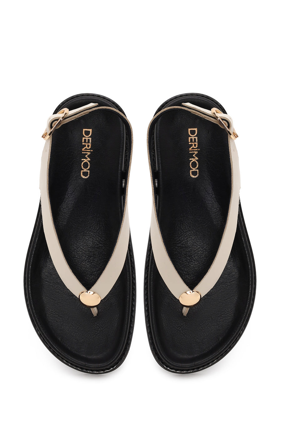 Woman Cream Back Buckled Toe-Post Leather Sandal