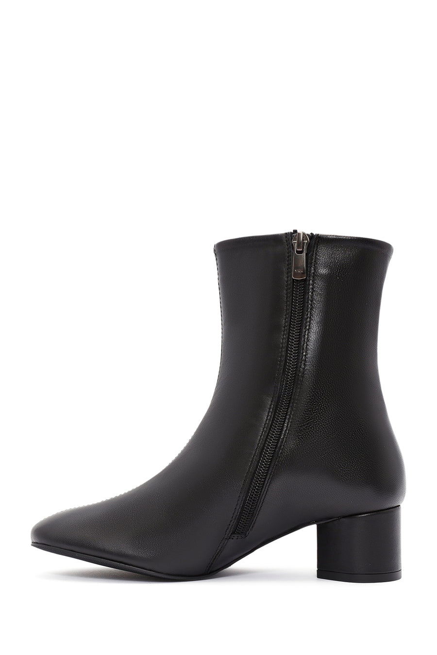Women's Black Zippered Short Thick Heeled Leather Boots